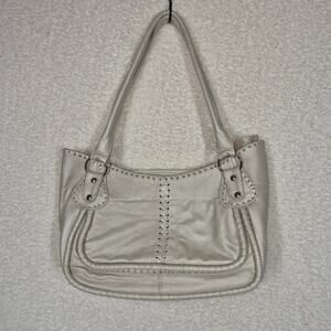 Mexican Pearl White Leather Satchel Handbag Whipstitching Detail